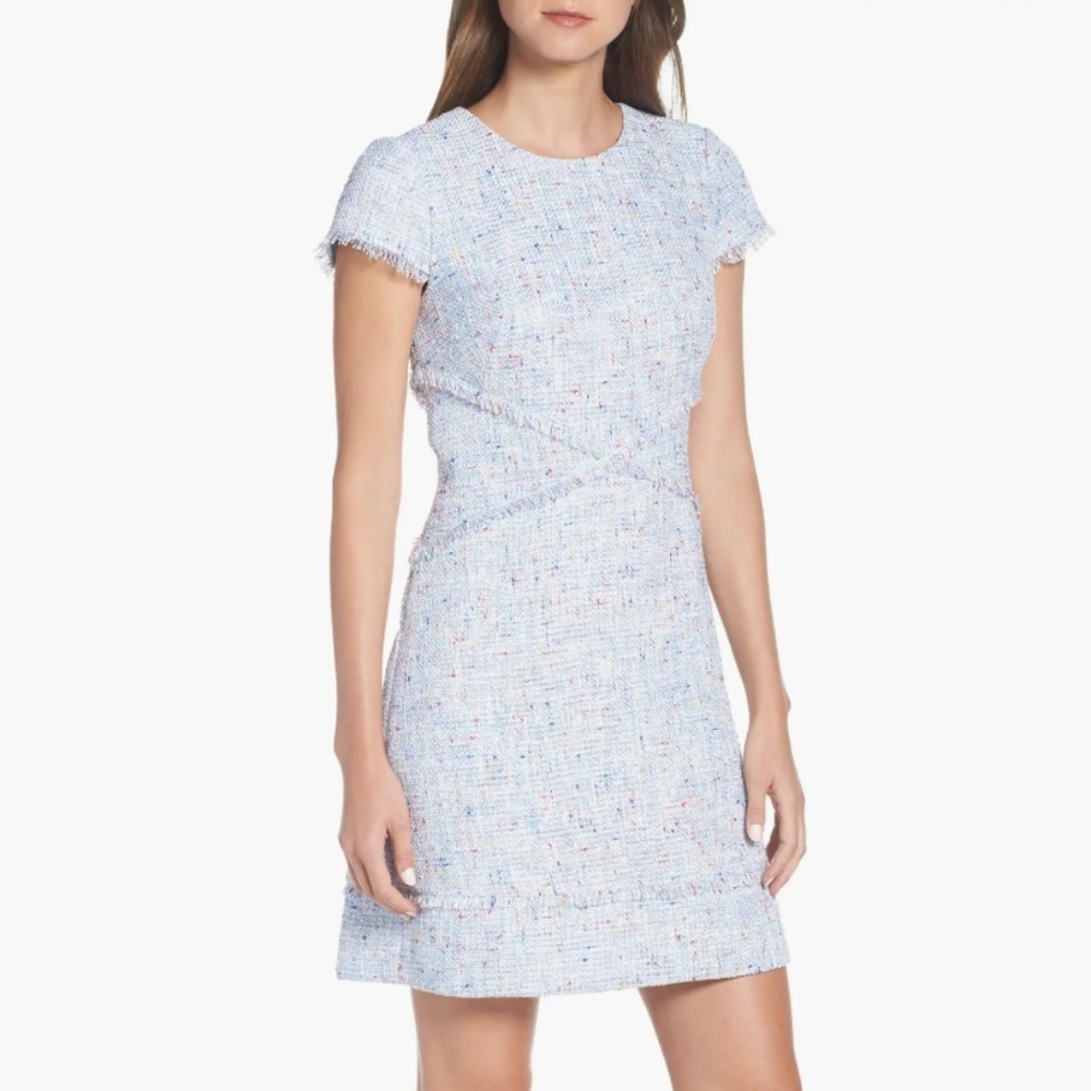 NWOT Eliza J Light Blue Tweed Sheath Dress Eyelash Fringe Trim Size 12
